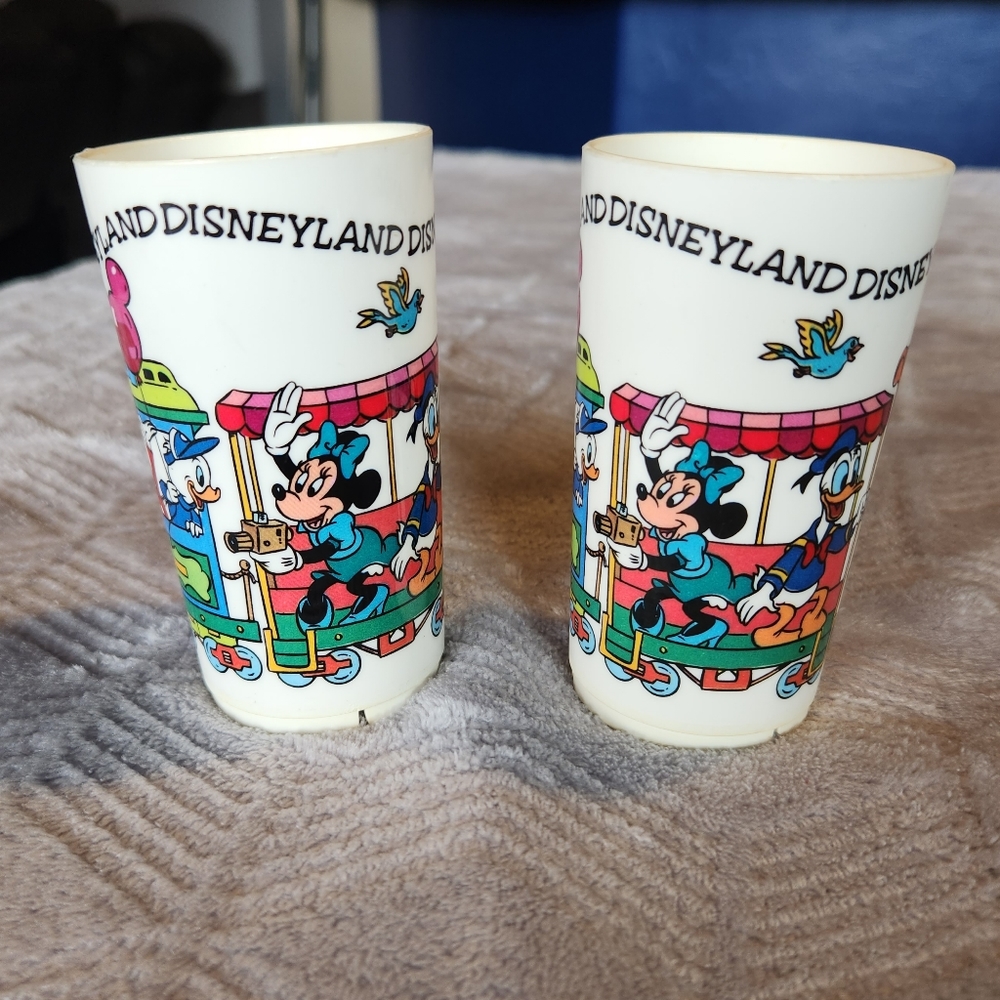 2 VINTAGE Deka Plastics Walt Disney World Train Railroad Cup Mickey Minnie Donal